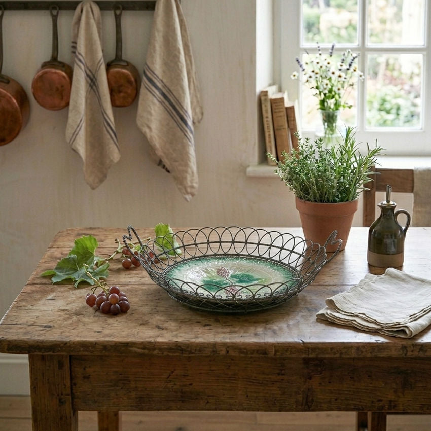 decorative French country basket pink fruit motif in French Country kitchen with herbs, linens and grapes