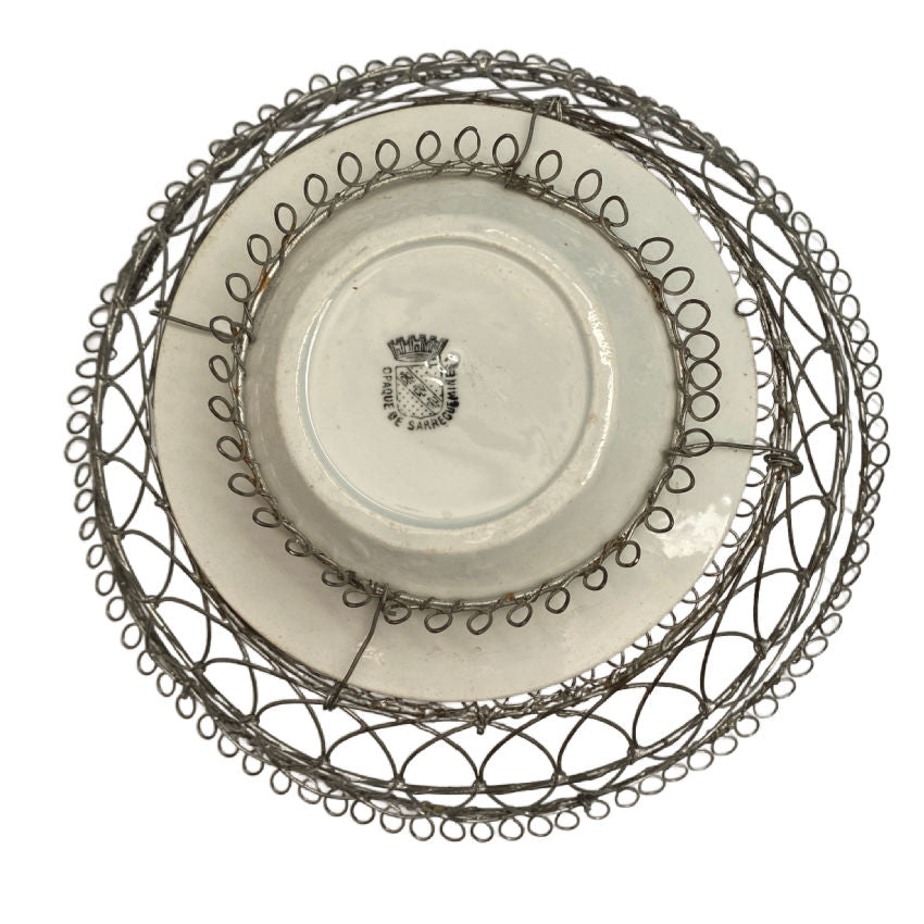 Late 1800s French decorative basket with faience insert plate marked by Sarreguimes