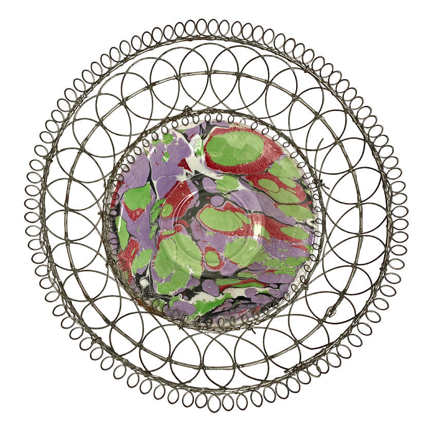Antique French fil de fer basket with Sarreguemines marbled faience plate