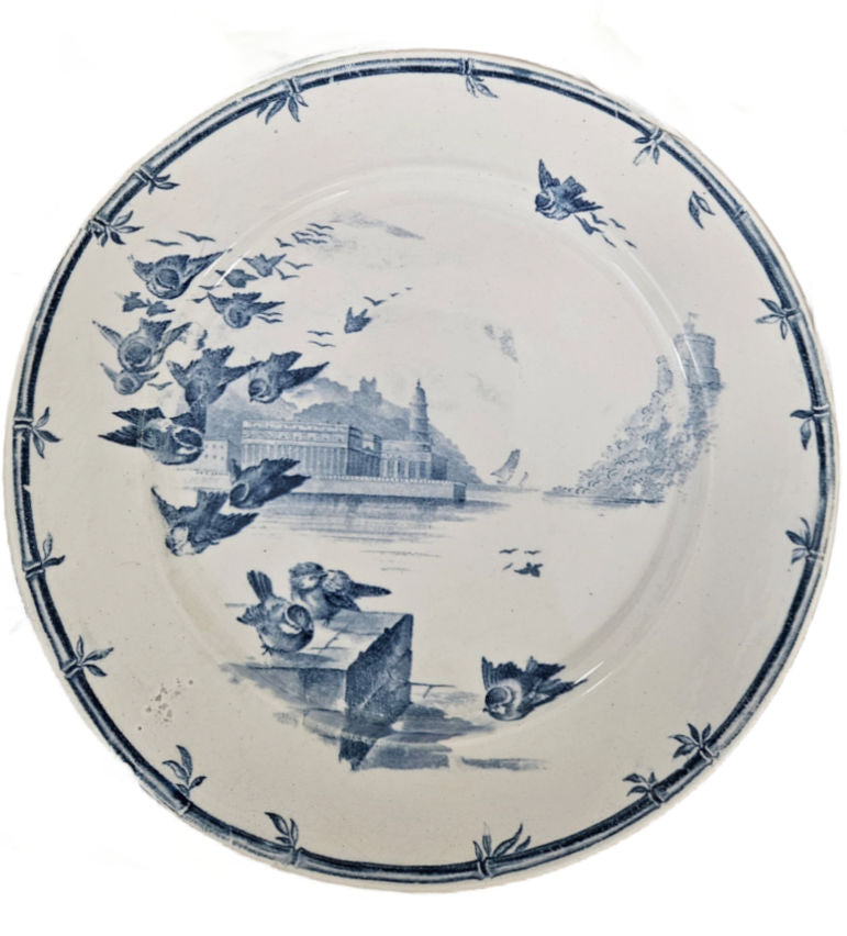 Antique Gien “Oiseaux et Bourgeois” blue transferware plate, 19th century French faience with birds , a lake and castle scenes.