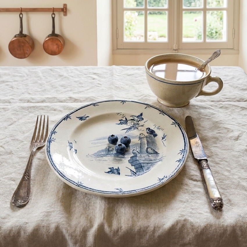 Antique French Gien “Oiseaux et Bourgeois” Blue Transferware