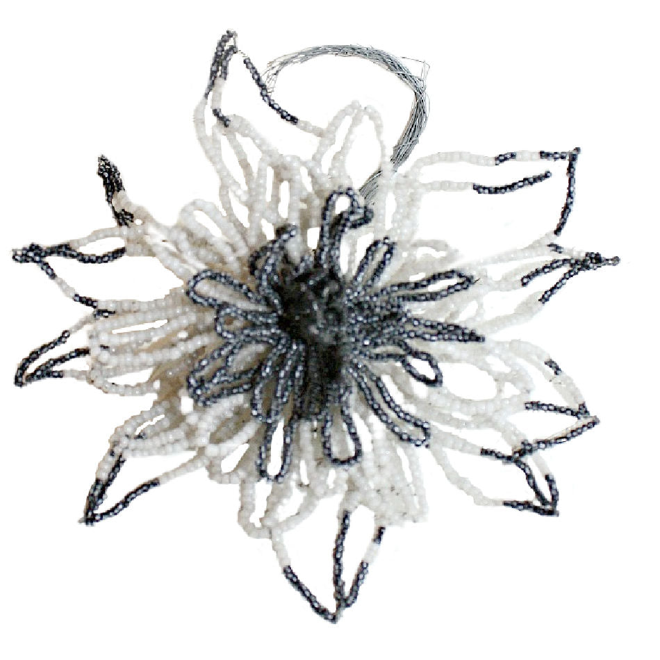 Antique French Hand Made Large Glass Beaded Flower Black & White