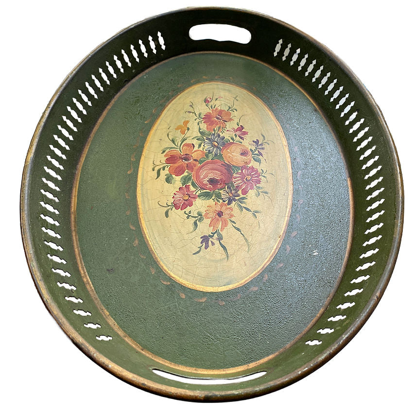 antique French tray, French country decor, hand painted tole, floral tole tray, vintage French serving tray, French cottage style, painted metal tray, French farmhouse decor, 19th century French tole, floral bouquet design, antique decorative tray, French provincial decor, shabby chic French tray, collectible French toleware, European antiques