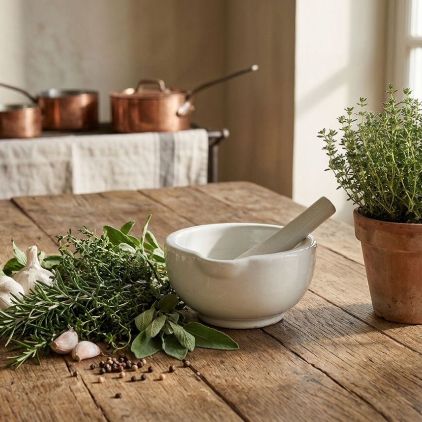 antique French ironstone mortar with porcelain pestle on French Country kitchen table and herbs with copper pans in the background