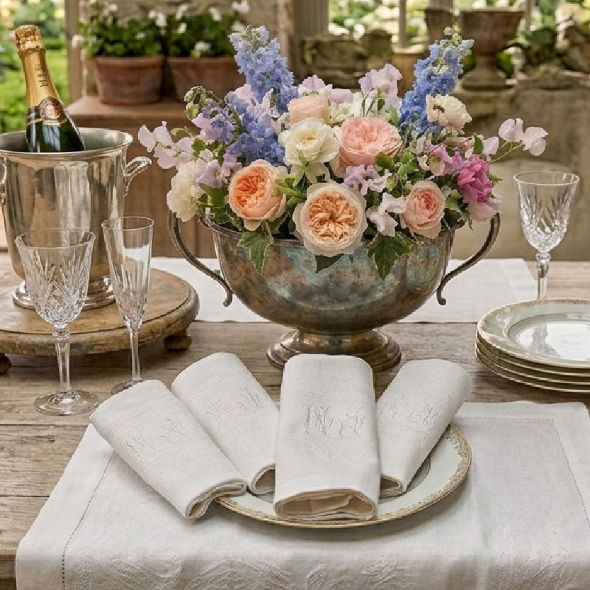 Antique French Linen Damask Napkins Monogrammed Set for 6