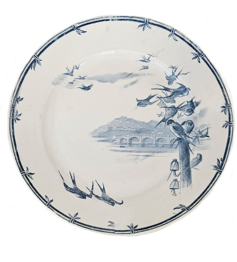 Antique Gien “Oiseaux et Bourgeois” blue transferware plate, 19th century French faience with birds and architectural bridge.