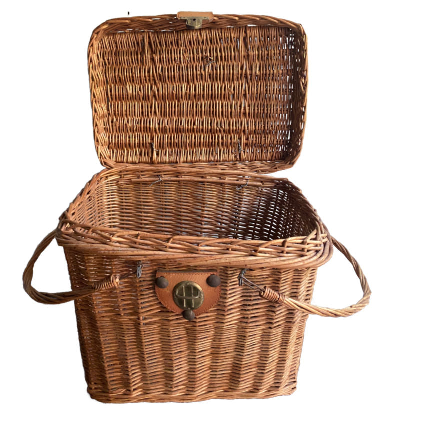 French woven willow basket with open lid detail