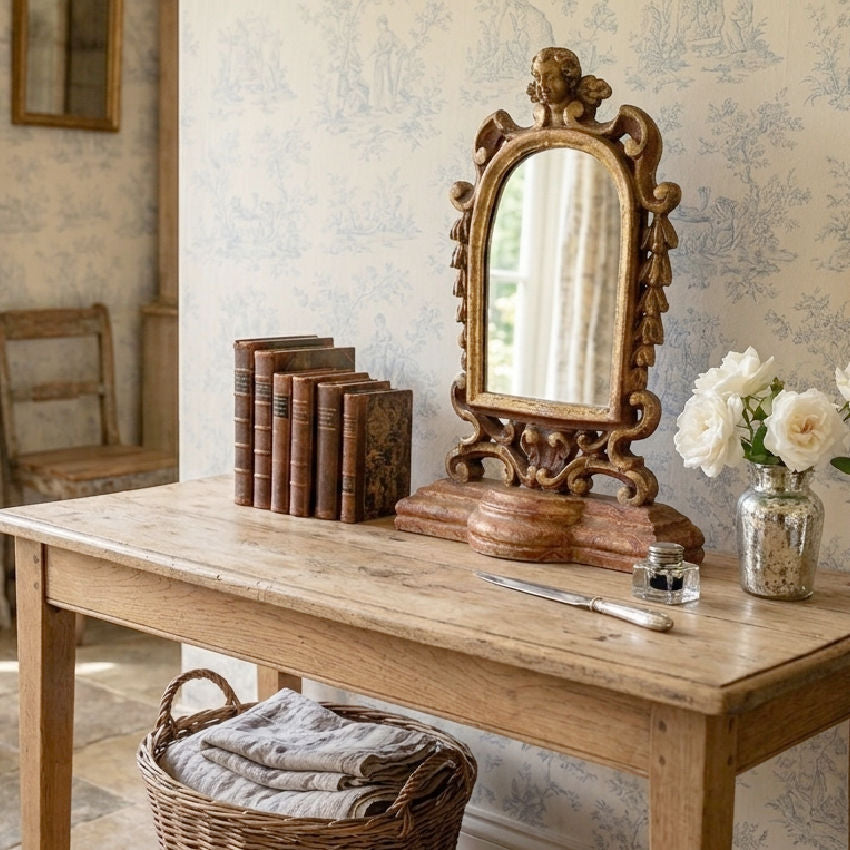 Elegant antique carved wood mirror with cherubs styled in soft French country décor