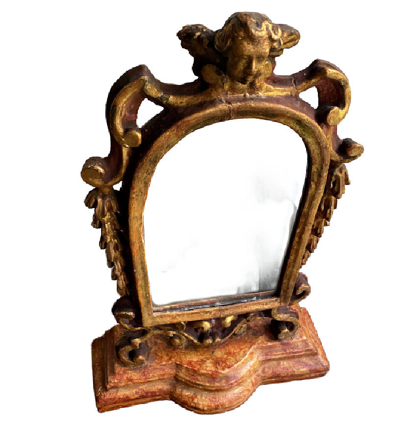Antique hand carved gesso and wood gilt cherub standing mirror with ornate frame