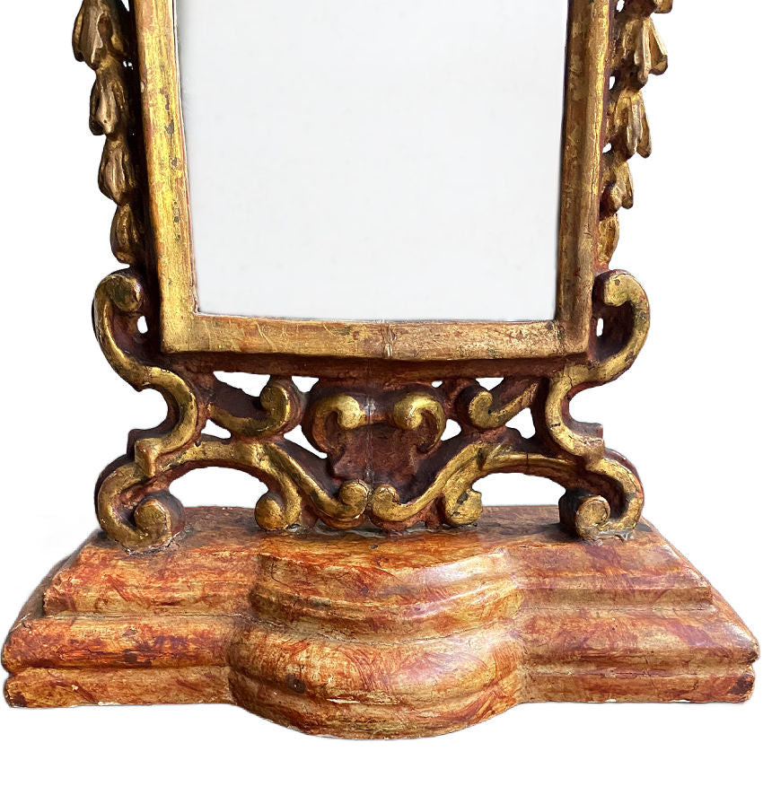 Elegant antique standing mirror with hand carved cherubs and aged gilt finish base painting