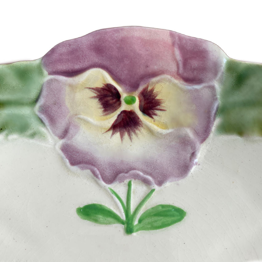 19th century antique French majolica wall plate floral pansy garden design purple pansy close up