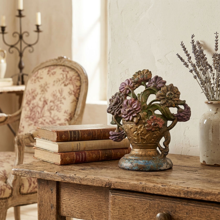 Antique floral urn doorstop styled on a french country table in France