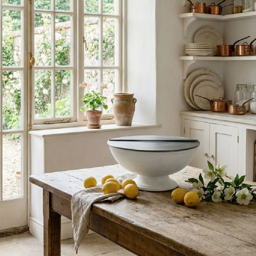 Antique 19th century ironstone double compartment serving bowl with original metal lid displayed in a French country kitchen on rustic table with warm natural light.