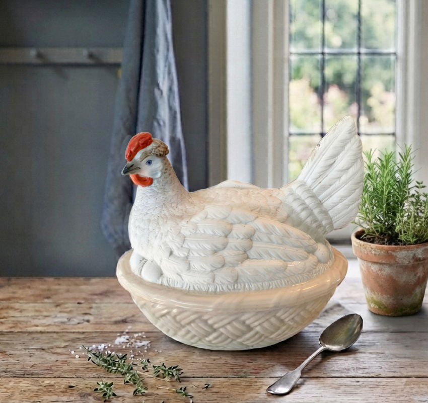 Antique white hen tureen styled in French country kitchen