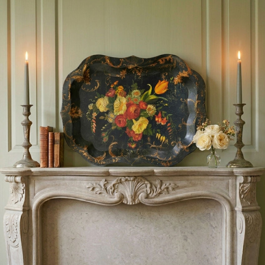 大型　135cm✕55cm　アートパネルBelle toile florale Antique Large Hand Painted Floral Tole Tray Statement Piece