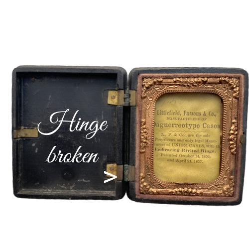 Antique Littlefield Rococo Scroll Union Case, Civil War era thermoplastic photographic case measuring 2-1/2" x 3", empty with original glass and one broken hinge.