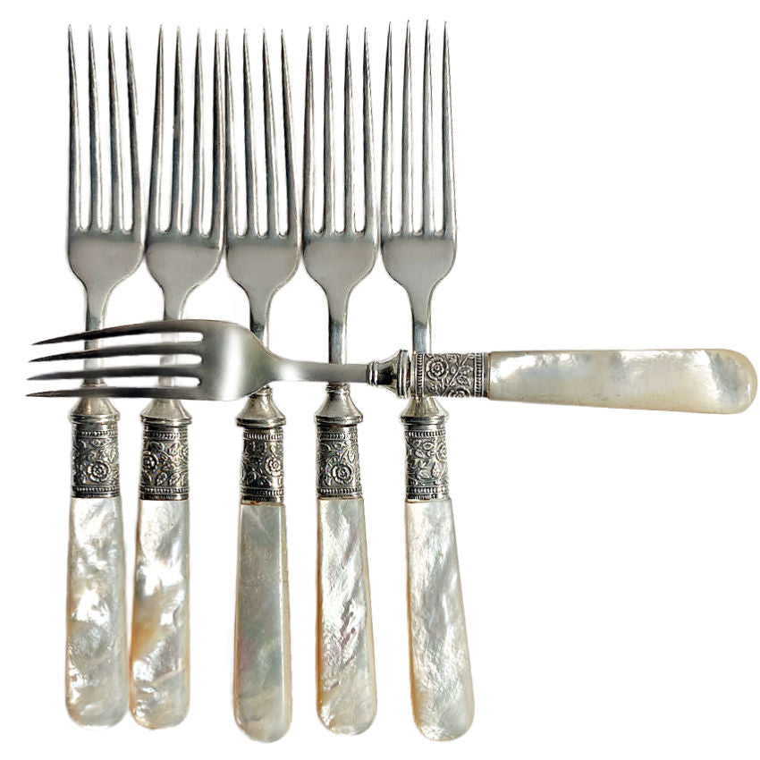 mother of pearl flatware, sterling ferrule flatware, antique flatware set, MOP handles, dinner size flatware, antique knives, antique forks, luxury tableware, heirloom cutlery, French table setting, wedding flatware, collectible sterling details, Victorian flatware, FrenchGardenHouse