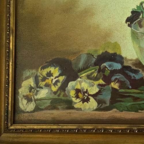 Antique oil still life of pansies, signed L. H. Connell, elegantly framed; a romantic, collectible floral painting for discerning interiors.