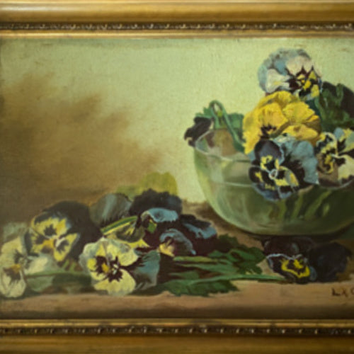 Antique oil still life of pansies, signed L. H. Connell, elegantly framed; a romantic, collectible floral painting for discerning interiors.