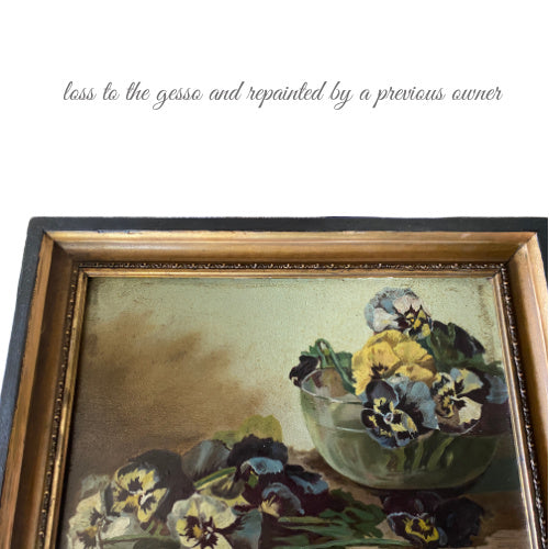 antique oil painting, floral still life, pansy painting, signed antique art, decorative oil painting, antique wall art, cottage style decor, french garden house, vintage floral art, framed painting