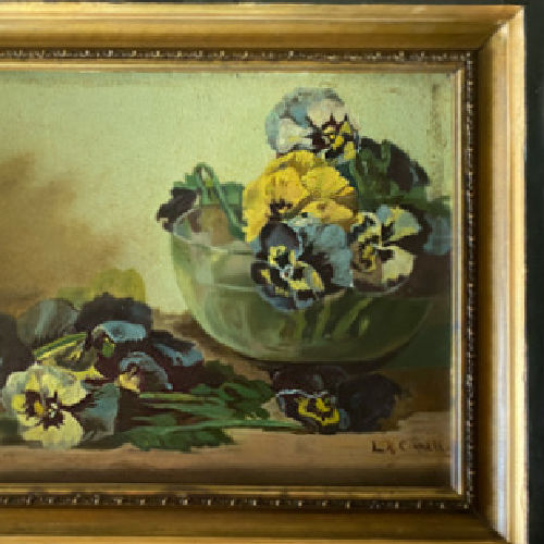 Antique oil still life of pansies, signed L. H. Connell, elegantly framed; a romantic, collectible floral painting for discerning interiors.
