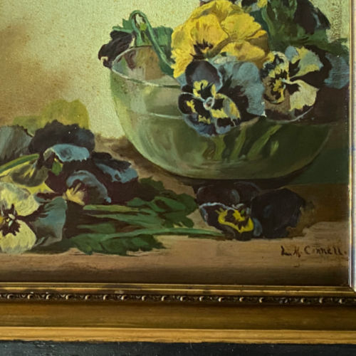 Antique oil still life of pansies, signed L. H. Connell, elegantly framed; a romantic, collectible floral painting for discerning interiors.