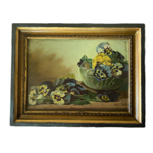 Antique oil still life of pansies, signed L. H. Connell, elegantly framed; a romantic, collectible floral painting for discerning interiors.