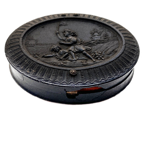 Antique oval Union Case featuring Girls Catching Butterflies motif, Civil War era thermoplastic photo case with interior damage as shown. 19th-century collectible.