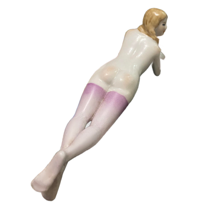 Antique Porcelain Bathing Beauty Figurine with Lavender Stockings | Art Deco Charm