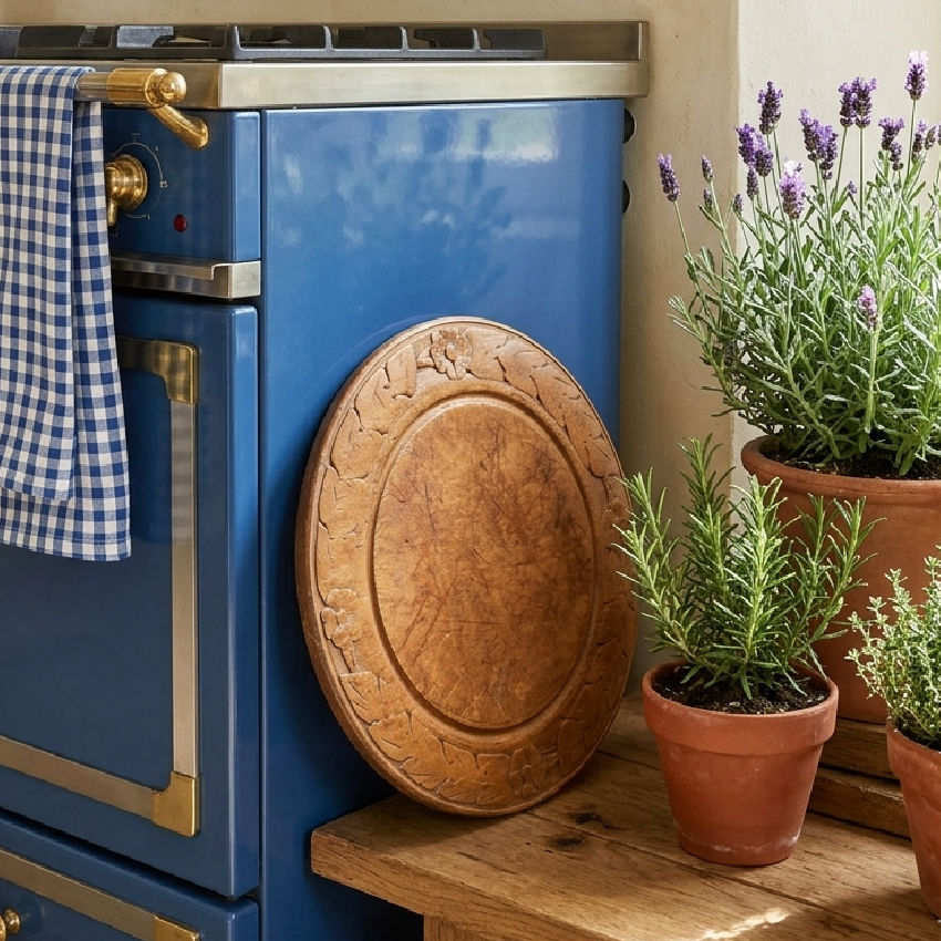 1800's hand carved wooden bread board with soft patina in French country kitchen vignette
