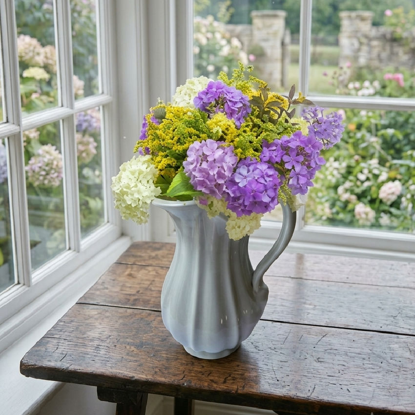 antique ironstone large pitcher in white, rare model, filled with garden flowers in a French Country room on antique wood table
