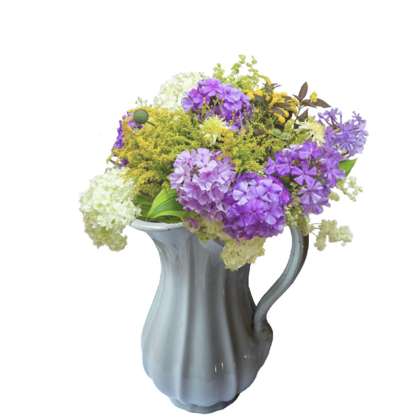 Charming Large Antique Ironstone Pitcher — English Staffordshire Collectible with stunning spring flowers in white, yellow and purple