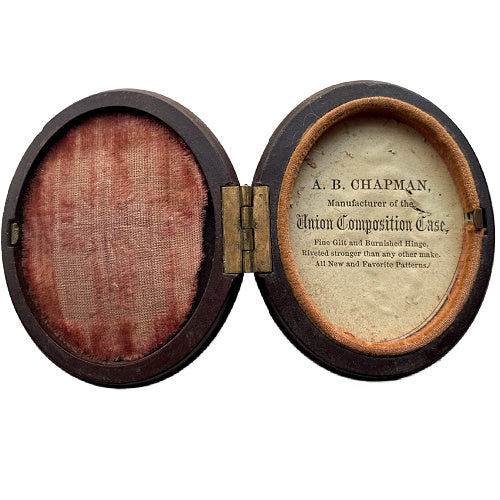 Antique oval union case by A. B. Chapman, mid-19th century thermoplastic with finely molded relief detail. Original collectible case, preserved without interior glass.