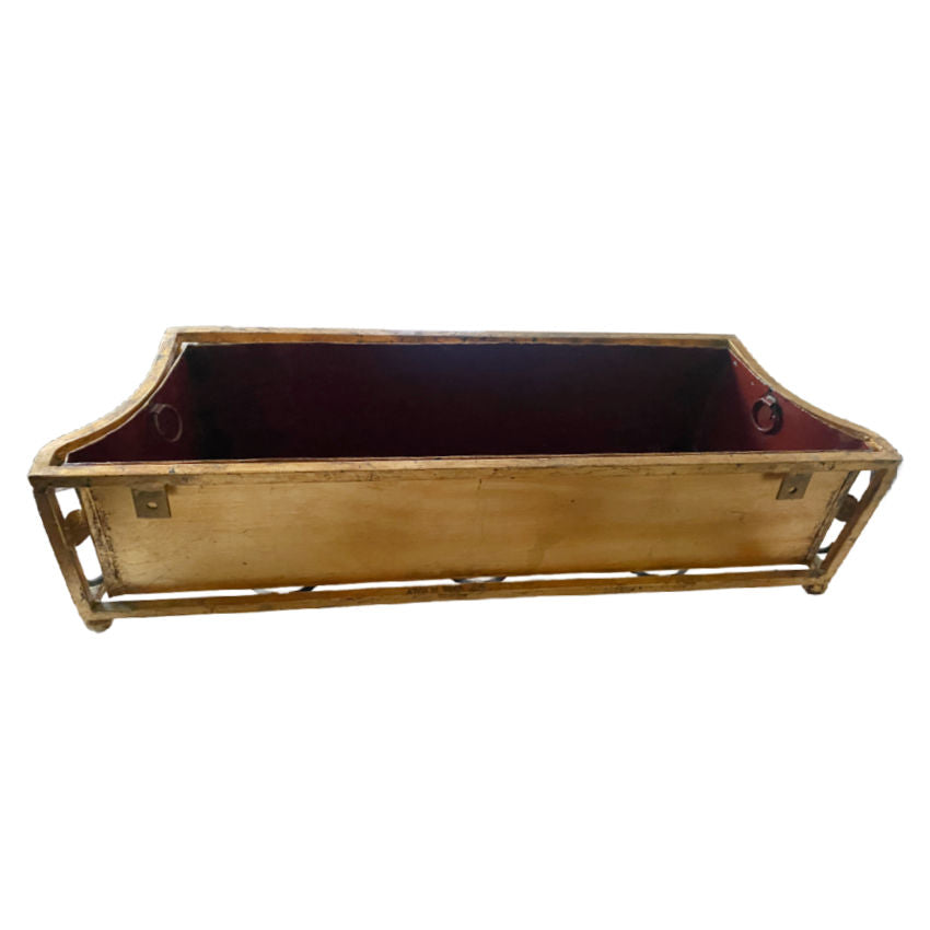 Back view of Italian black and gold Tole Planter, showing sculpted shape and Florentine neoclassical decorative artistry.