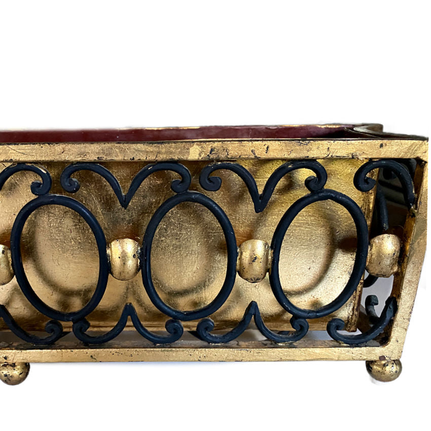 Close-up of hand-applied gilt decoration on Italian Tole Planter, highlighting Florentine neoclassical design and dimensional craftsmanship.
