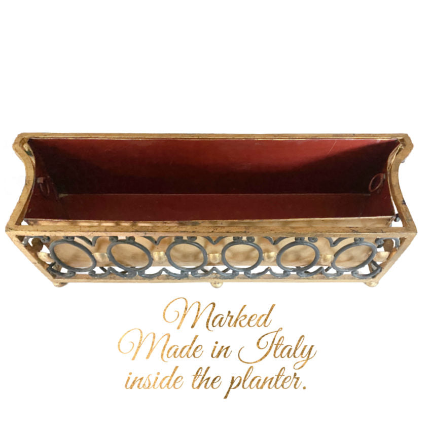 Top view of Italian Tole Planter, black and gilt Florentine design, perfect for console or mantel displays.