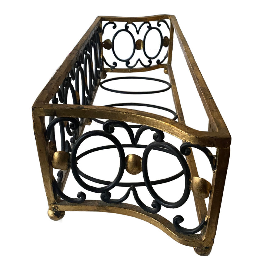 Italian Tole Planter exterior in black and gold, Florentine neoclassical design, shown separately from removable liner, highlighting sculptural gilt details.
