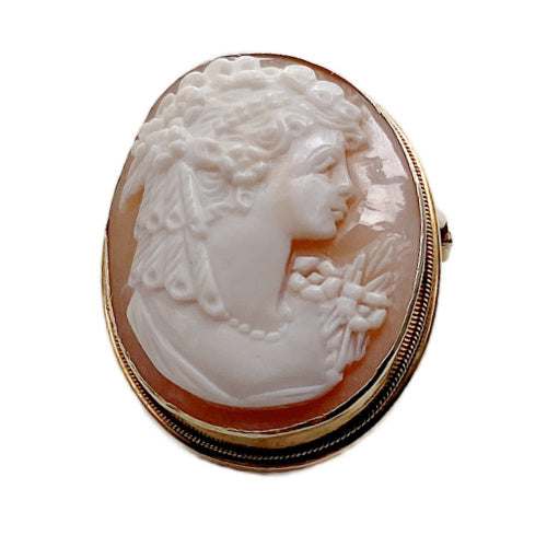 Estate 14k Gold Hand-Carved Shell Cameo Pin/Pendant – Portrait of a Lady