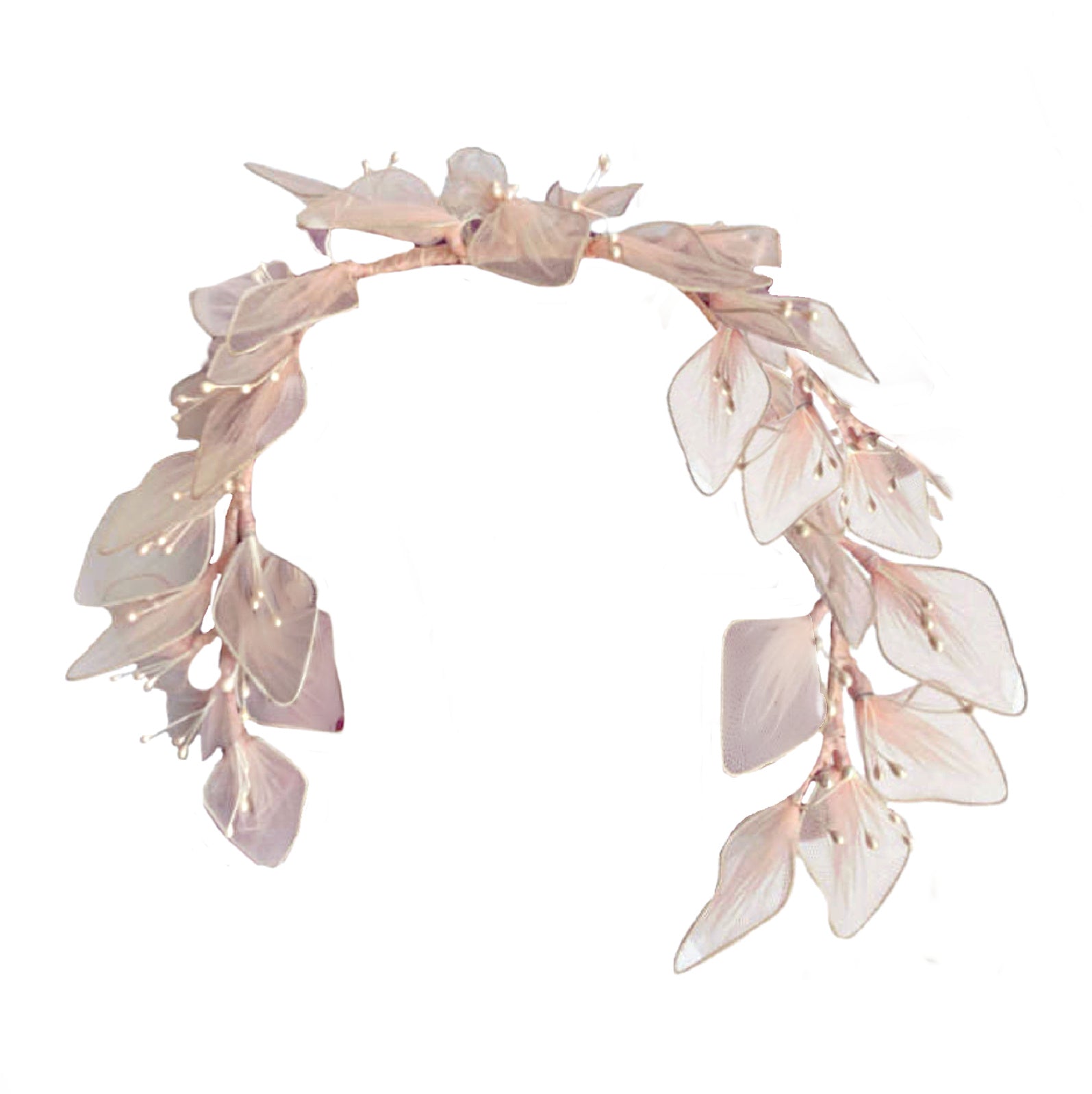 Ethereal vintage ballerina pink floral head crown with pearlized stamens and flexible wire frame. Romantic antique costume adornment, 15 inches.