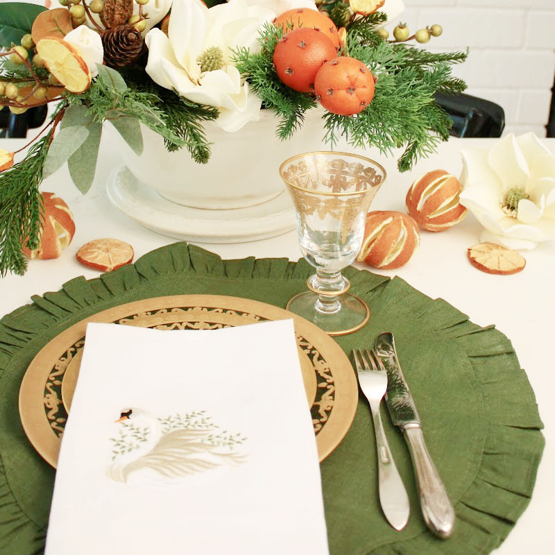 Round Ruffled Linen Placemat Set of 4 Green