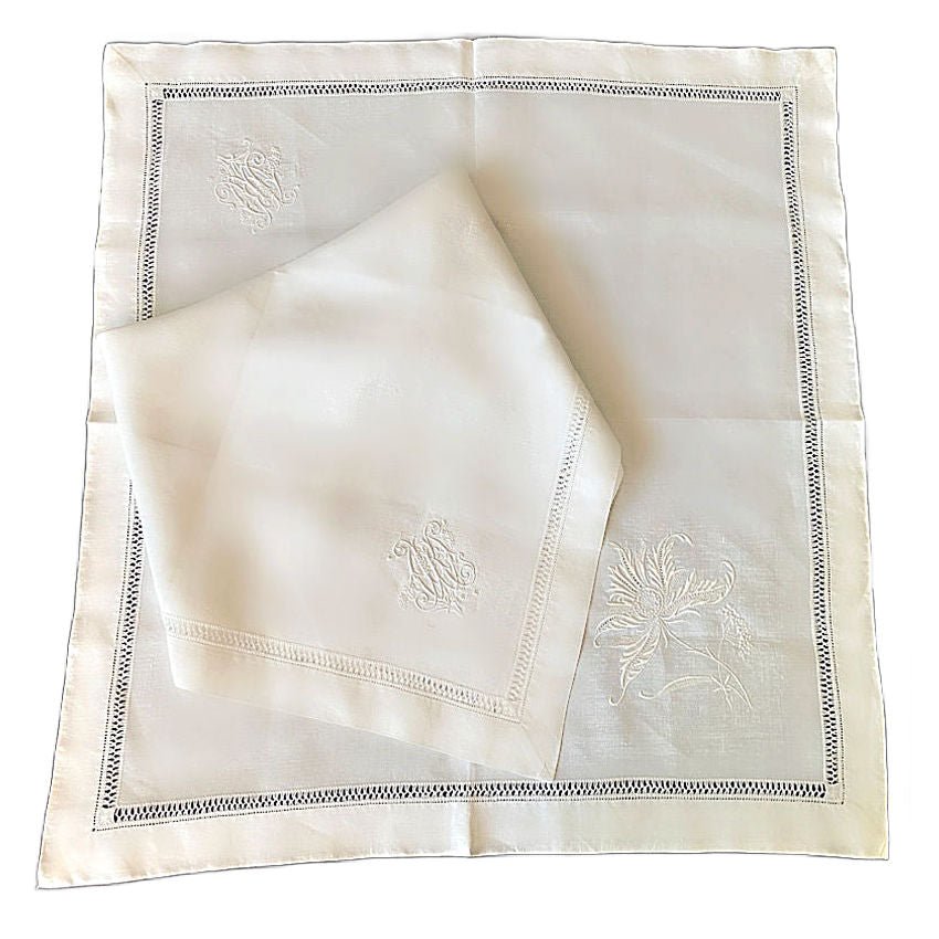 19th century French hand-embroidered linen napkins set of 2 monogram and floral estate linens