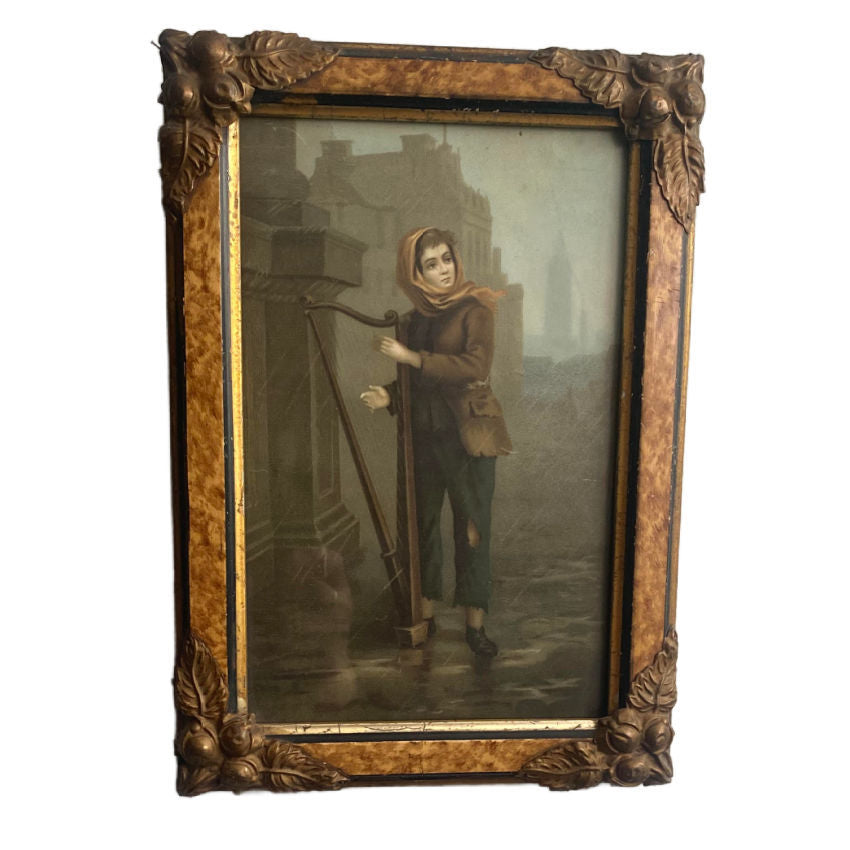 Antique Lithograph of harp player at Christmas in Paris