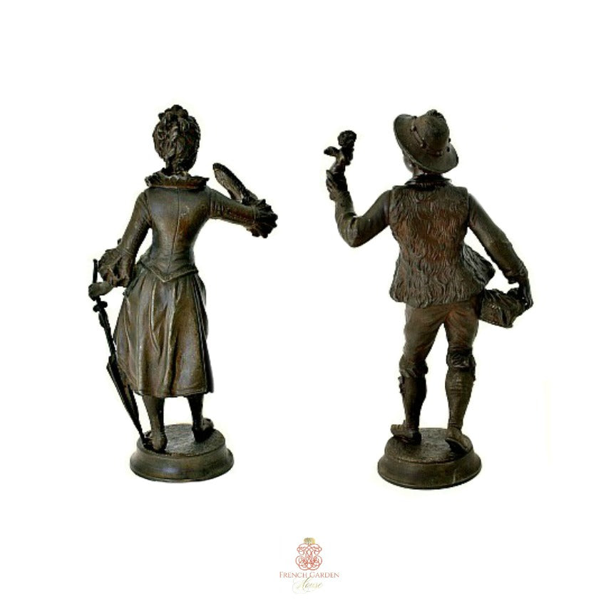 Captivating Antique French Peddler & Young Woman with Fan Metal Figures