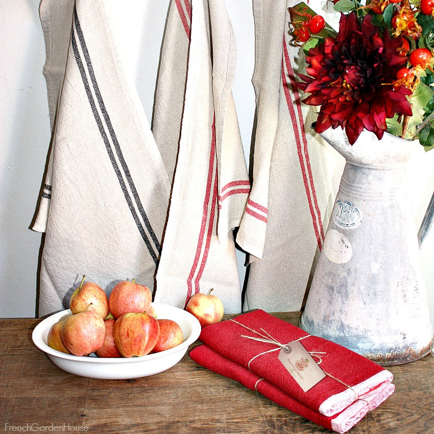 Hand Spun Linen Tea Towel In kitchen with French country bowl and apples