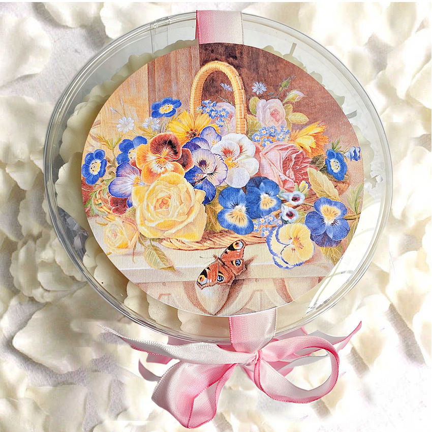 French gardenia rose scented soap petals in a clear round gift box tied with French ribbon. A romantic bath luxury and perfect gift.