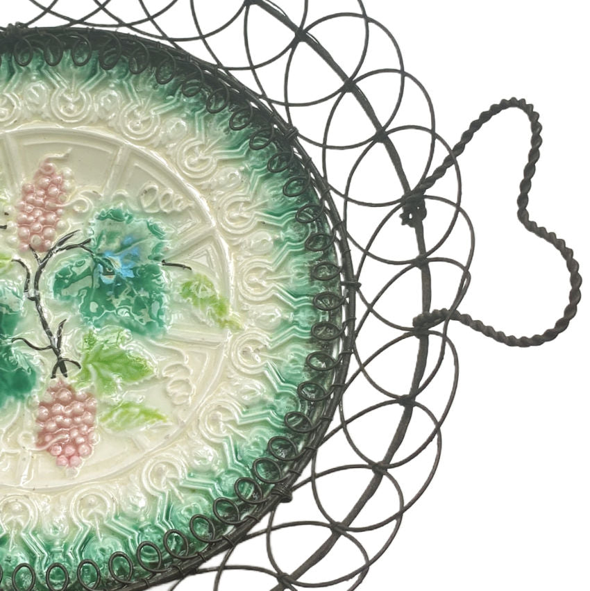 Antique French Country Majolica Wire Basket with Heart Handles