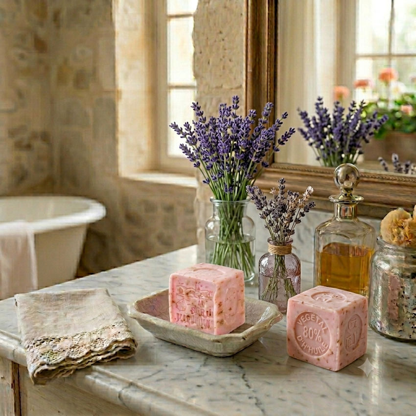 Marseille handmade rose soap cubes dried petals in French Country bathroomwith lavender in vases