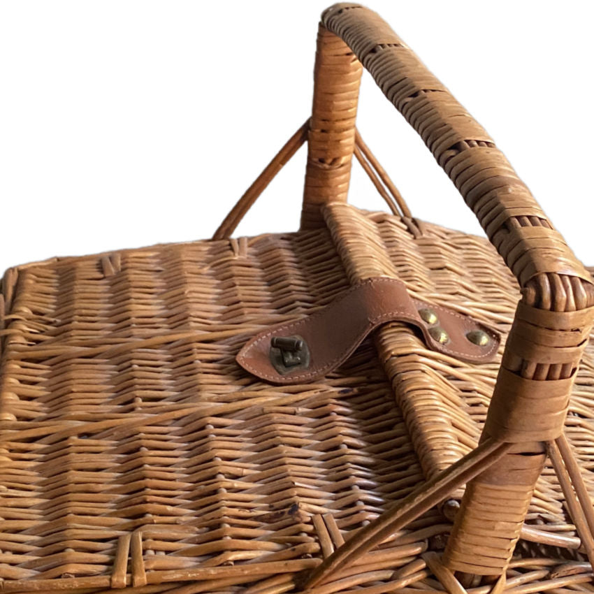 French country home décor basket with leather closure close up view