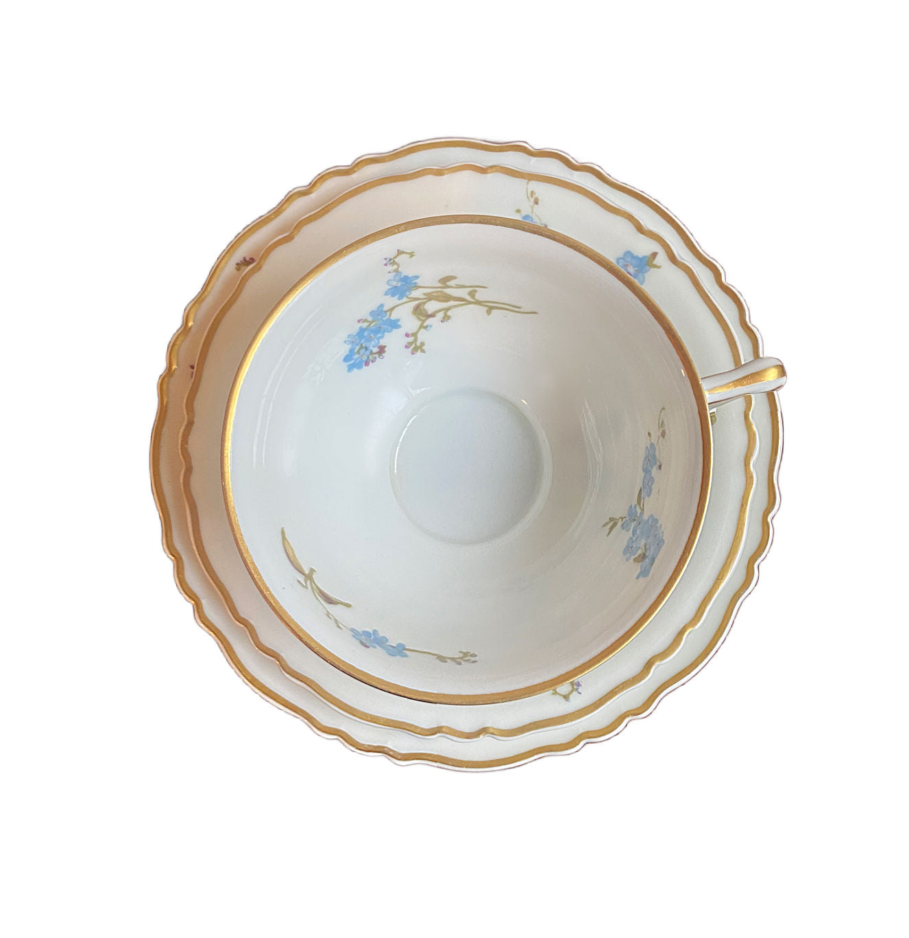 French Limoges Forget Me Nots Floral Tea Cup, Cake Plate Trio