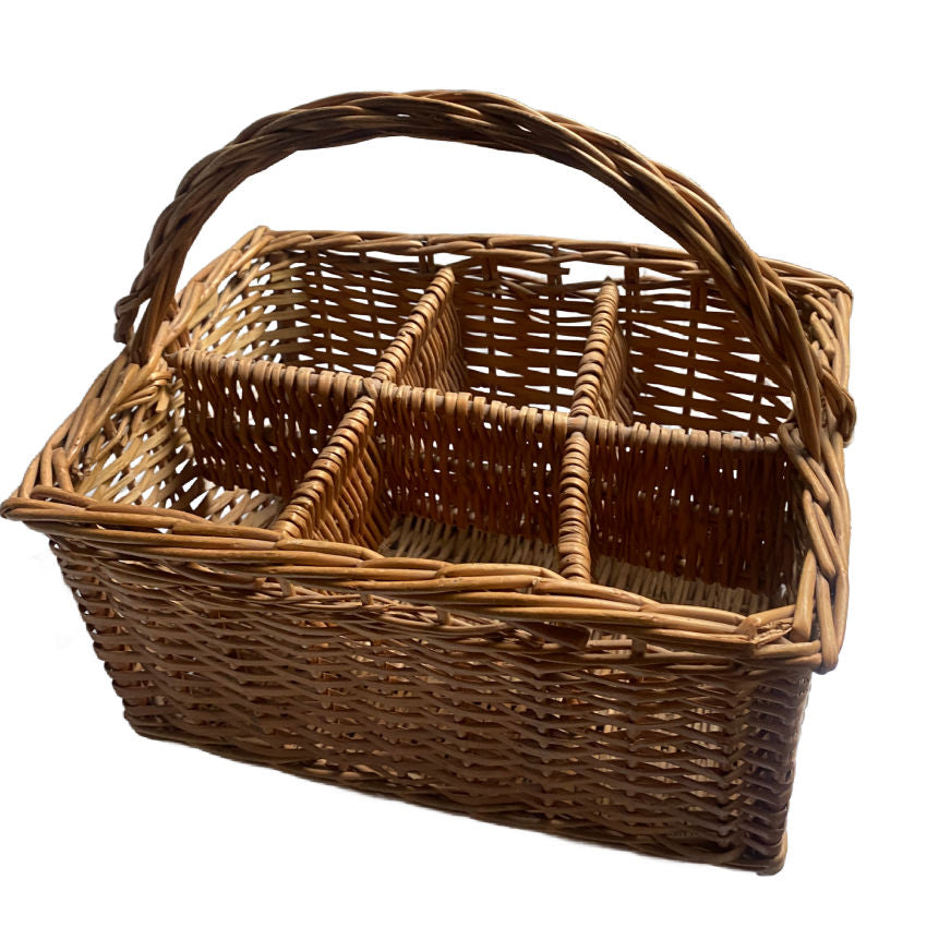 Elegant French willow bottle carrier for six bottles, handwoven with luxurious French country charm. Beautiful for entertaining, wine display, or décor.